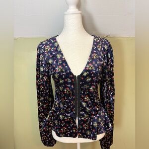 Topshop Floral Velvet Peplum Blouse with Hook and Eye Closure